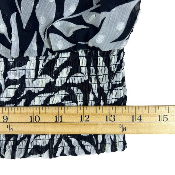 Monochrome Palm Print Flutter Sleeve Blouse S | Black Ivory Resort Editorial Top - Picture 10 of 12